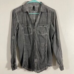 Elan Corduroy Button Down Shirt Womens S Gray Acid Wash Ribbed Utility Pocket
